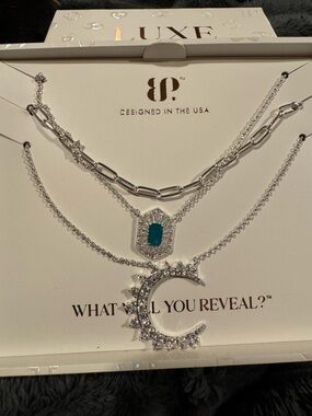 Luxe Layers Silver Necklace Set with Teal Stone and Crescent Moon Pendant